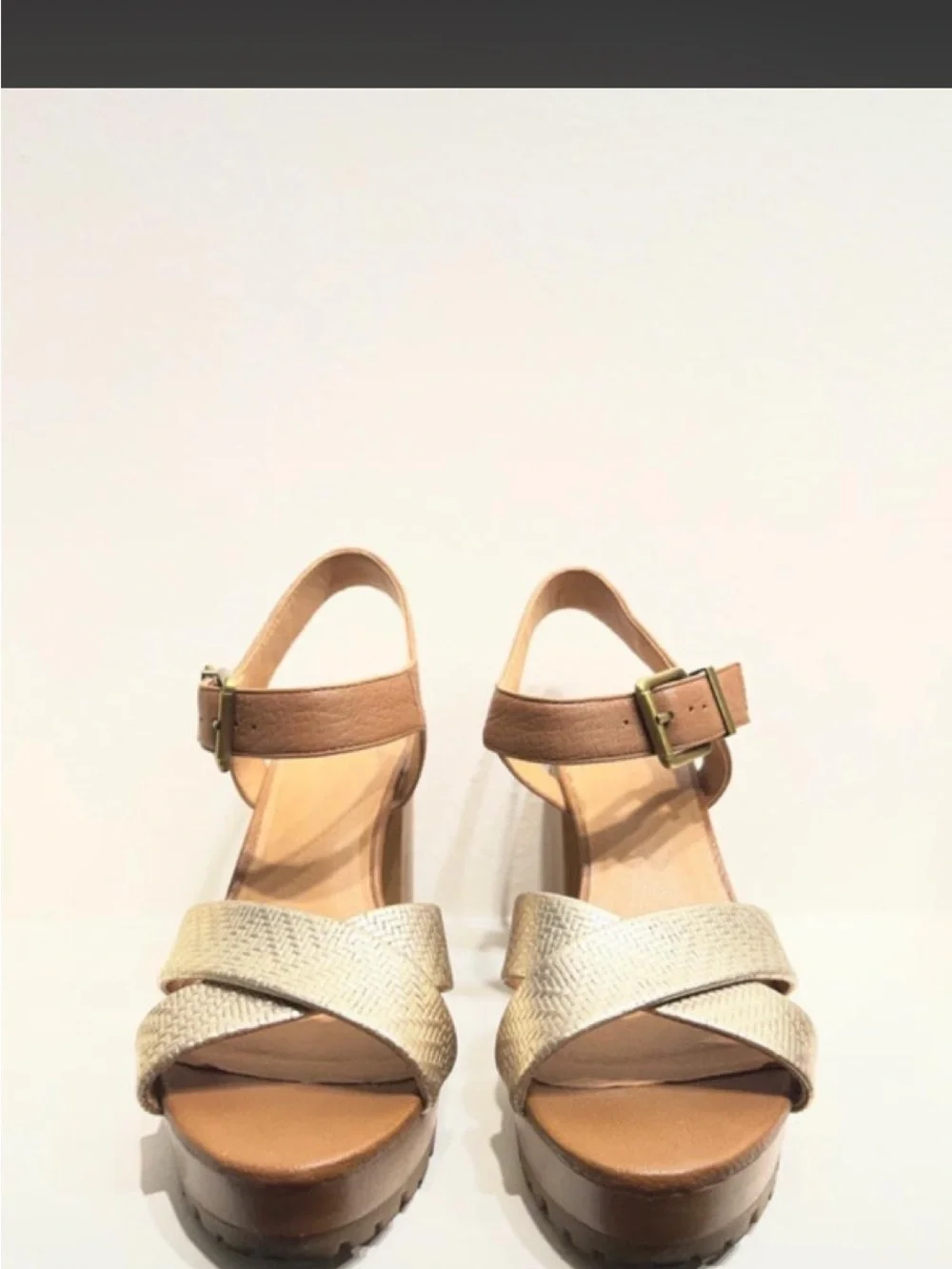 Crown Vintage Platform Block Heel Sandals in Metallic and Tan